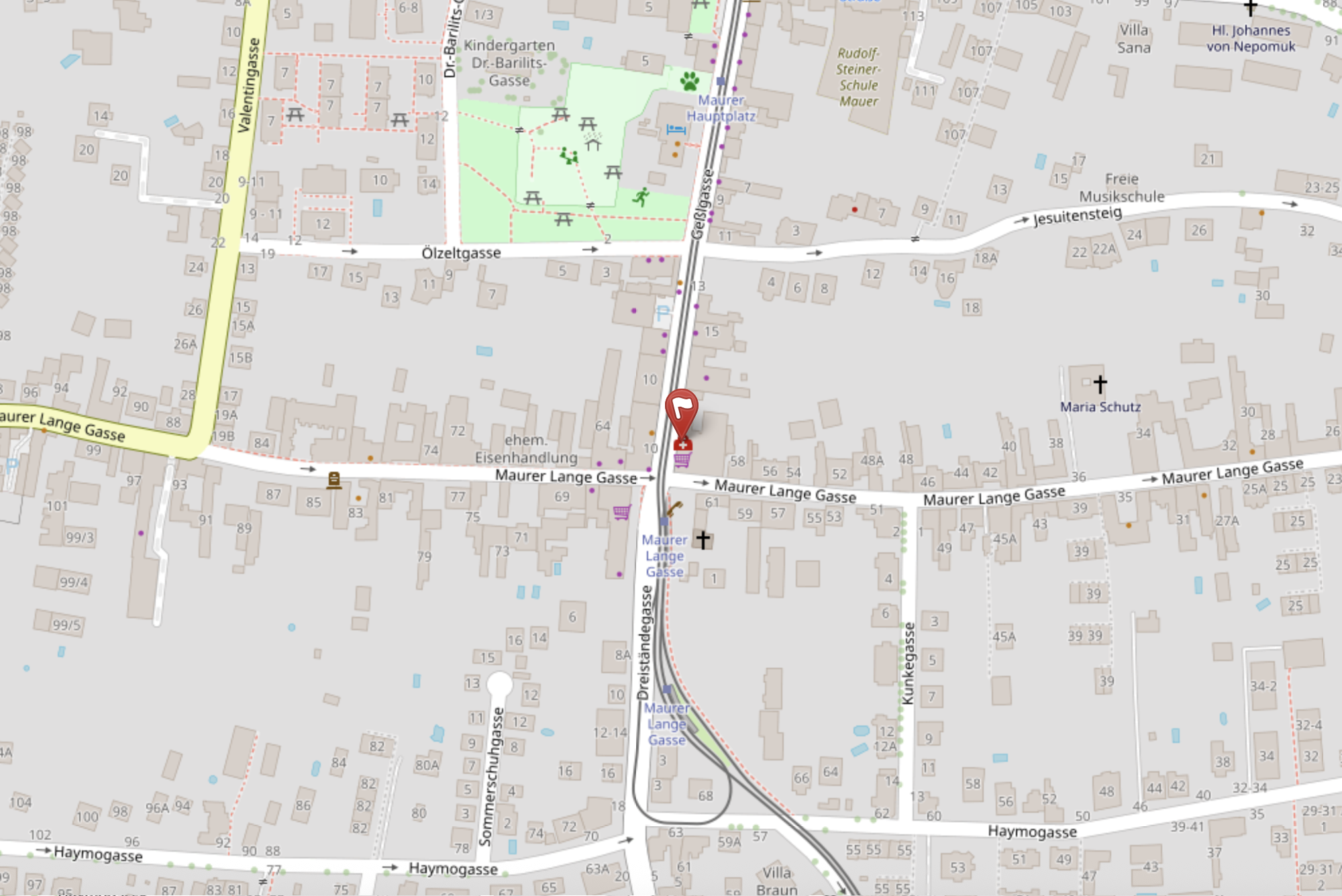 Bildauschnitt aus der OpenStreetMap mit dem Standort der Ordination. Das Bild ist verlinkt und führt zur OpenStreetMap